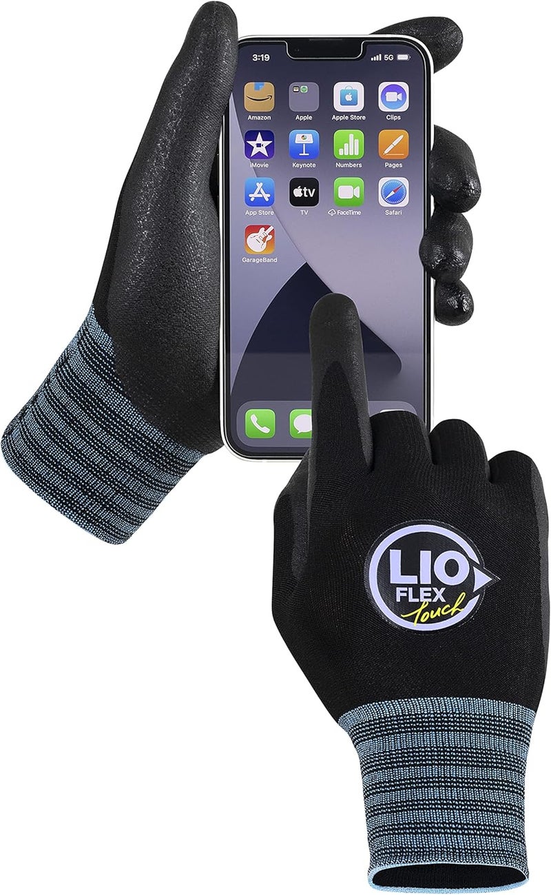 LIO FLEX Safety Work Gloves with Touchscreen Fingers, 1 Pair Thin & Lightweight Working Gloves, Ideal for Warehouse Workers, Delivery Drivers, Nitrile Foam Coated Grip Gloves for Women and Men (Black, S) - Image 1